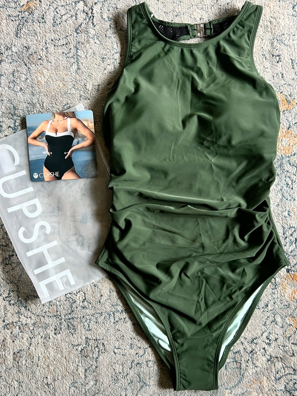 Women’s Olive Green One-Piece Swimsuit with Mesh Back